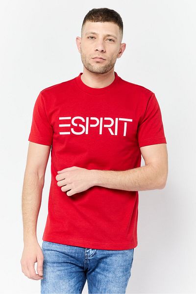 Esprit تي شيرت رجالي بشعار العلامة التجارية بأكمام قصيرة ورقبة دائرية، أحمر