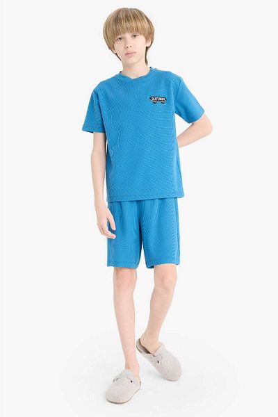 DeFacto New Season Boy's Waffle Pajama Set Short Sleeve Top Elastic Waist Shorts