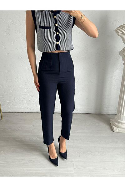 OYYOMODA Pencil Carrot Model Ultra High Waist Trousers.Dark Blue