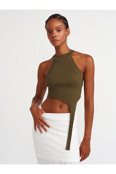 Dilvin 20626 Crop Top-Kaki închis