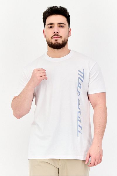 Maserati Men Crew Neck Short Sleeve Brand Logo T-shirt, White