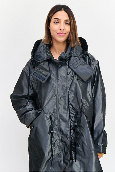 Esprit Women Embrooidered Logo Hooded Parka Jacket, Metallic Grey