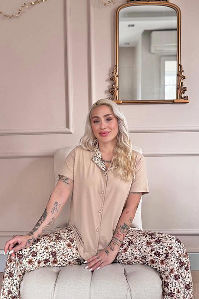 Pijamaevi Béžové dámské pyžamo Autumn Blossom Exclusive s knoflíky vpředu