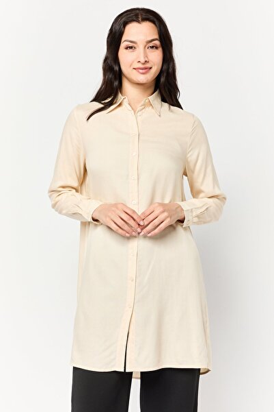 Kathy Ireland بلوزة نسائية سادة بأكمام طويلة وياقة واسعة، لون بيج