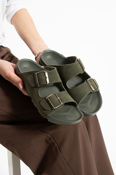 Moda Devrin Khaki Summer Unisex Double Buckle Soft and Lightweight Slippers