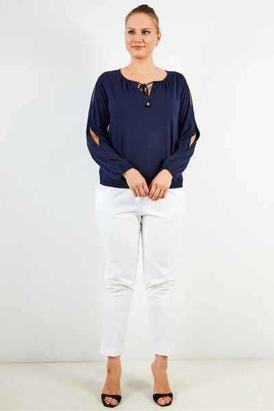 Michael Kors Women Tie Neck Long Sleeves Plain Blouse, Midnight Blue