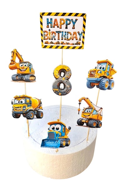 telaşe memuru 8 Years Old Construction Machinery Birthday Cake Topper - Const...