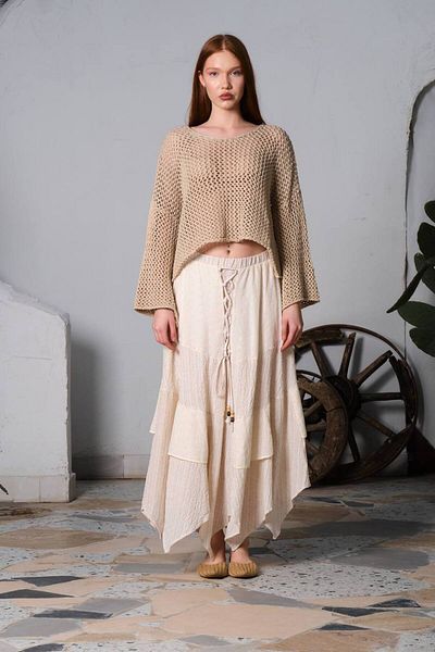 Molly Nelly Fusta lungă Seersucker crem cu dantelă de design pentru femei