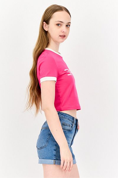 Esprit Women Crew Neck Short Sleeve Brand Logo Crop T-shirt, Pink