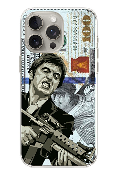 TechTree iPhone 15 PRO MAX Uyumlu Scarface Dolar Tasarımlı Şeffaf Silikon Kılıf
