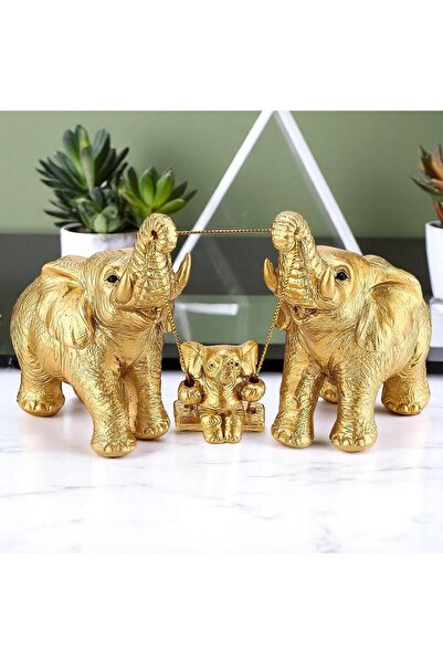 e-life shop Lüx Mutlu Aile Sallanan 3lü Fil Biblo Seti Kitaplık Vitrin Süsü Y...