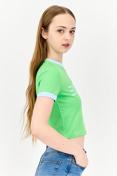 Esprit Women Crew Neck Short Sleeve Brand Logo Crop T-shirt, Light Green