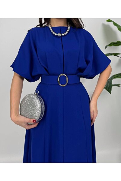 Glysso Kemerli Yarasa Kol Sax Mavi Midi Mezuniyet Davet Elbisesi