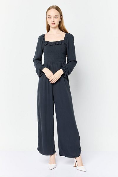 AMERICAN EAGLE Women Textured Long Sleeves Jumpsuits, Charcoal Grey