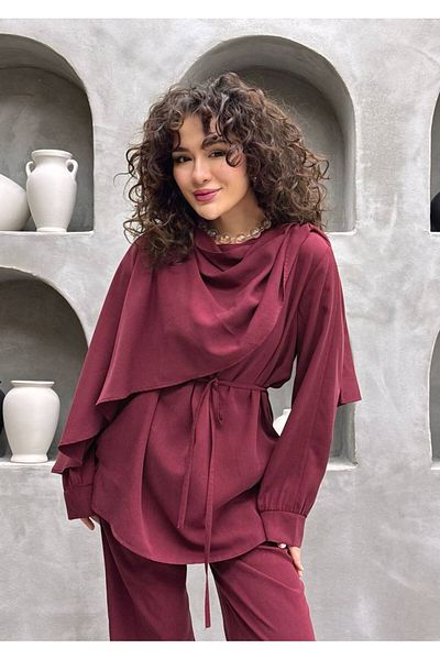 Molly Nelly Women's Shawl Collar Modal Trousers Blouse Set