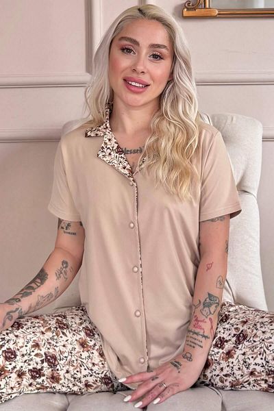 Pijamaevi Béžové dámské pyžamo Autumn Blossom Exclusive s knoflíky vpředu