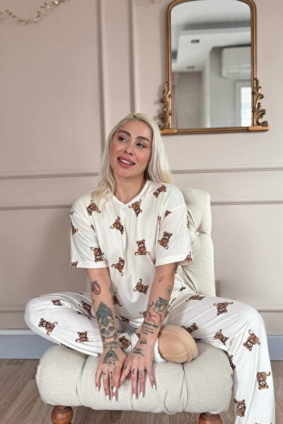 Pijamaevi Σετ γυναικείες πιτζάμες με κοντό μανίκι μπαμπού σε μπεζ σχέδιο