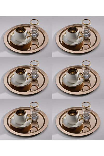 SİNİ Paslanmaz Çelik 6 Adet Yuvarlak Lüx Rose Kahve, Çay Sunum Servis Tepsisi