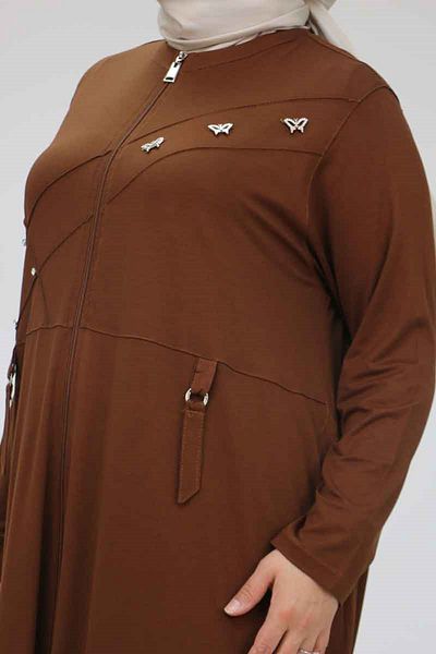 Eslina 53012 Large Size Beyoğlu Stone Detailed Zippered Combed Cotton Jacket - Brown