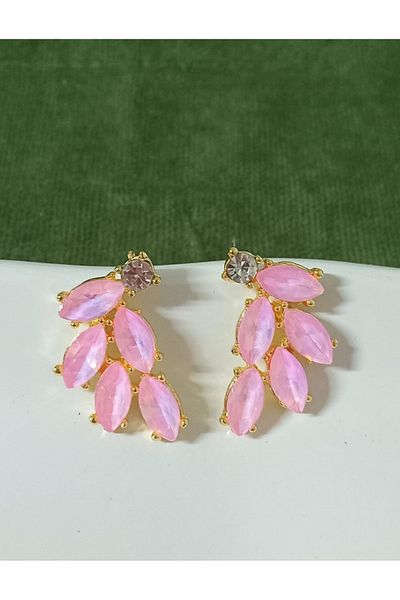 mos&more Pink Leaf Women's Earrings with Crystal Stones