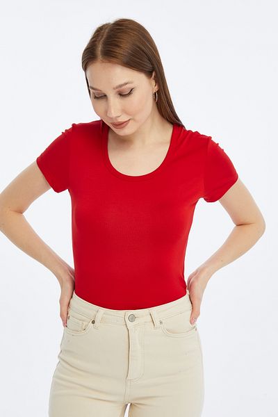 LAENT Women's Red Crew Neck Short Sleeve Blouse