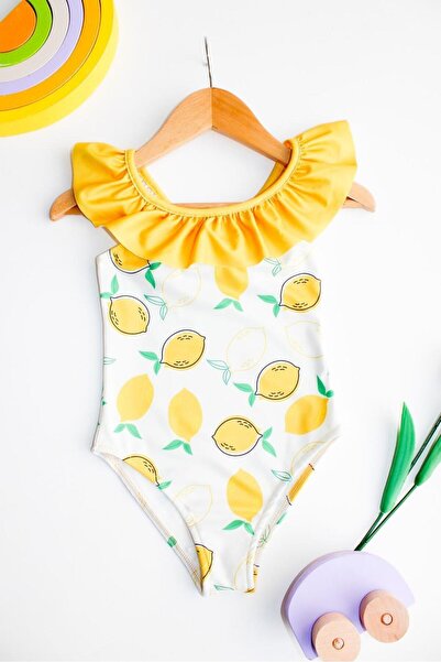 shop Girl's Ruffled Back Cross Lemon Printed Yellow Color Children's Swimsuit