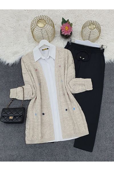 Modamorfo Embroidered Square Patterned Openwork Knitwear Cardigan - Stone
