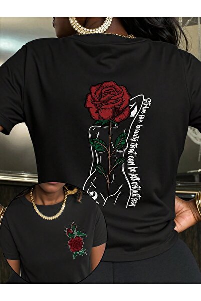 PALPİTO Ženska crna ruža žena Štampano Oversize kroj T-shirt