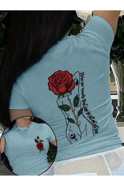 WESTİMO Women's Baby Blue Rose Women's Printed Oversize T-Shirt