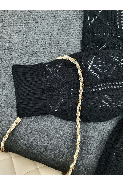Modamorfo Embroidered Square Patterned Openwork Knitwear Cardigan -Black