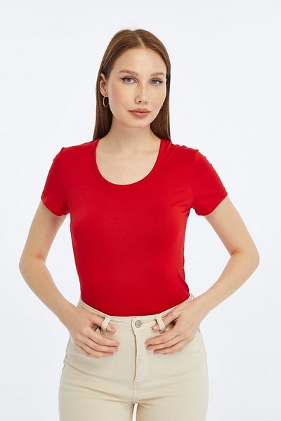 LAENT Women's Red Crew Neck Short Sleeve Blouse