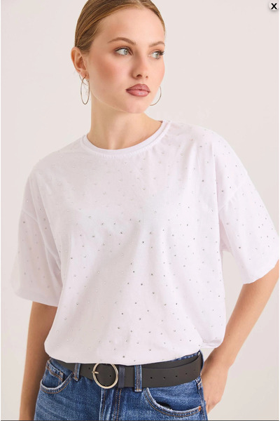 NATUFIAN STORE Kadın Taş Detaylı Oversize Bisiklet Yaka T-Shirt