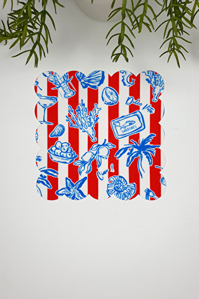 decofav Șervețel de cocktail tăiat cu laser cu model de obiecte marine albastre cu dungi roșii albe 1 bucată