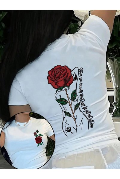 WESTİMO Women's White Rose Women's Printed Oversize T-Shirt
