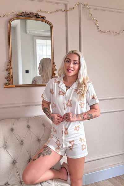 Pijamaevi Doux Bear Patterned Short Sleeve Shorts Front Buttoned Women's Pajama Set