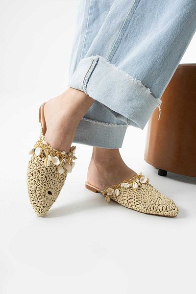 CICIKIZ Seashell Pearl Buckle Detail Paper Rope Knitted Women's Slippers