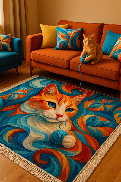new colourse Sevimli Kedi Dijital Dekoratif Kaymaz Dokuma Taban Halı