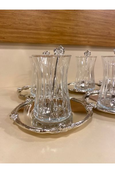 PLUS HOME Tea Bar Set Cast Brass Cut Glass 18 Pieces Silver for 6 Persons