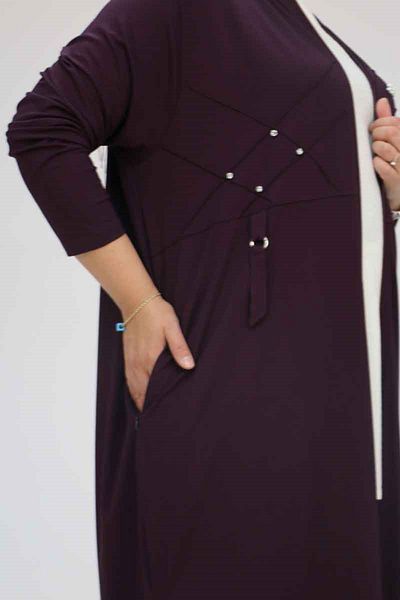 Eslina 53012 Large Size Beyoğlu Stone Detailed Zippered Combed Cotton Jacket - Purple