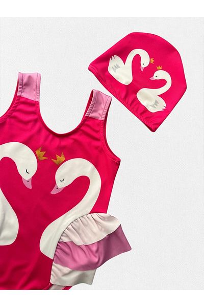 Fil Kids Girl's Pomegranate Flower Color Swan Patterned Ruffled Bonneted Tight Woven Quick Dry Stretchy Swimsuit