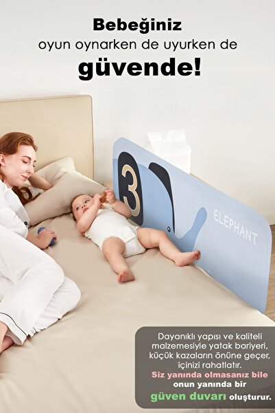 Meleni Baby 120X42 cm Folding Baby Bed Barrier - Elephant Figured Protection Safety Barrier Base Railing