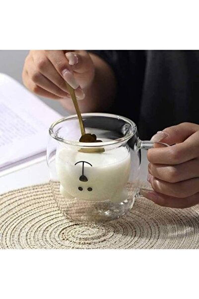 MİS KİTCHEN 2 Adet Ayı Figürlü Çift Cidarlı Bardak - Kahve Bardağı Kulplu Bardak