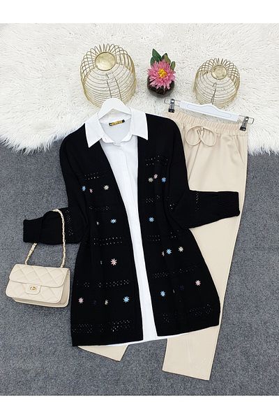 Modamorfo Embroidery Patterned Loose Knitwear Cardigan -Black