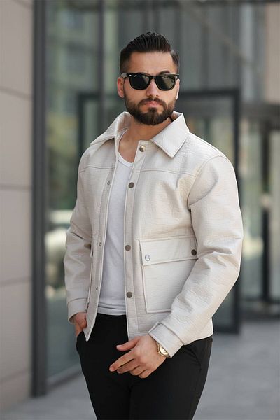 FAMODA Men's Classic Collar White Leather Jacket