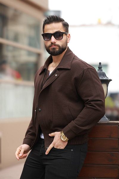 FAMODA Men's Classic Collar Zippered Buttoned Tan Velvet Jacket