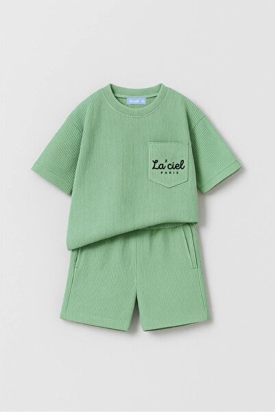 MİNİKO KİDS Laci̇el Paris Printed Seersucker Cotton Suit with Pocket Detail Shorts