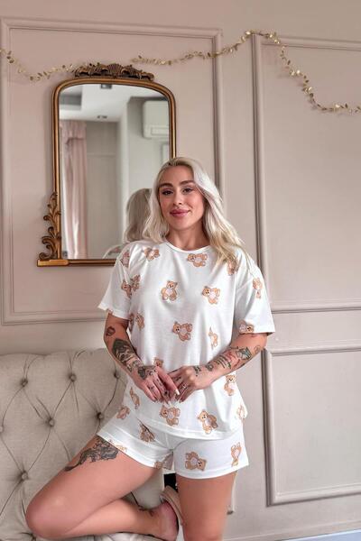Pijamaevi Doux Bear Patterned Short Sleeve Knitted Women's Pajama Set with Shorts