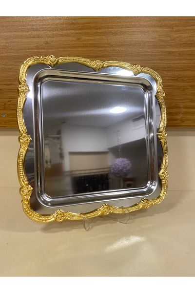 PLUS HOME Tray Single Coffee Tea Presentation Square Silver Gold 24X24 cm