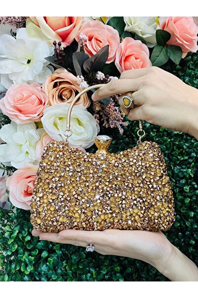 Çanta Trend Women's Large Rhinestoned Rose Long Chain and Hand Holding Strap ...