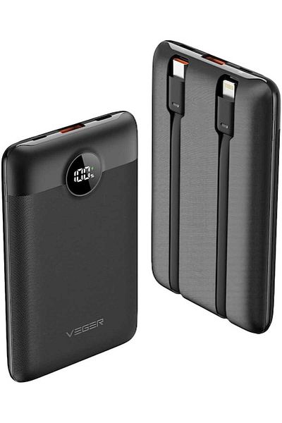Veger 10000mAh Power Bank with 2 Built-in Cables and LED Display Compatible with All Devices in Black